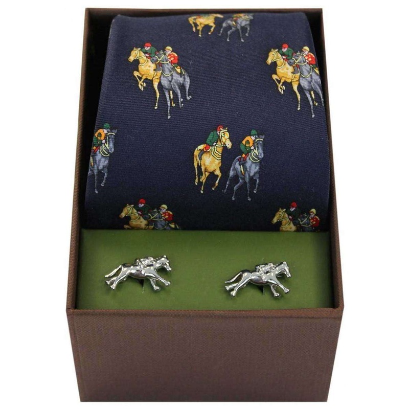 David Van Hagen Horse Racing Tie and Cufflink Set – Navy