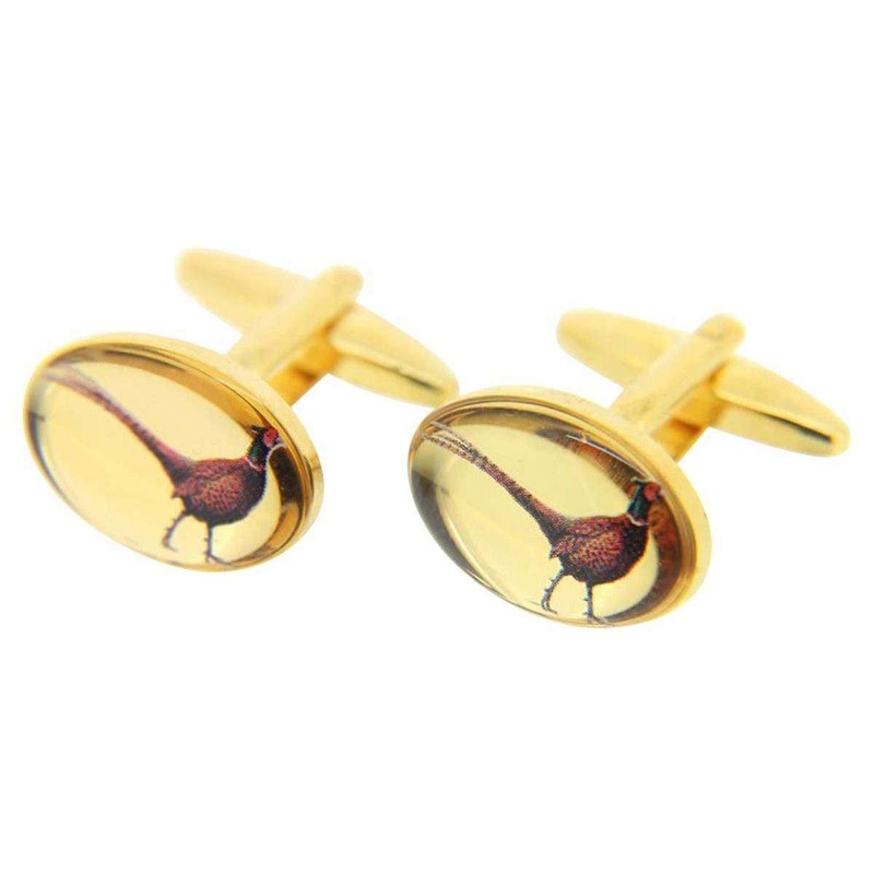 David Van Hagen Pheasant Oval Country Cufflinks – Gold/Brown