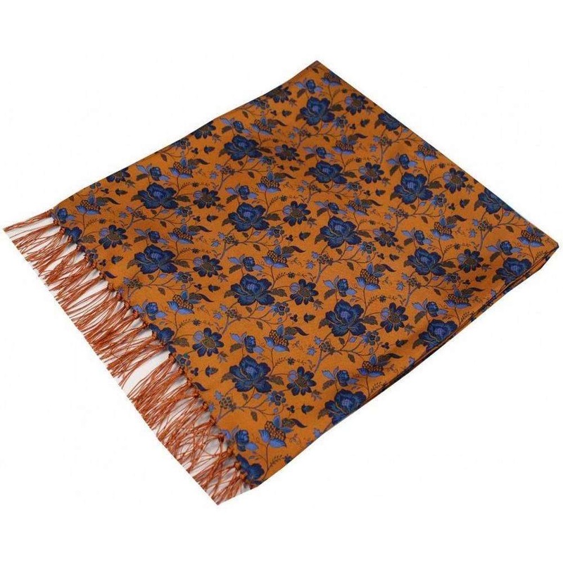 David Van Hagen Edwardian Flowers Silk Aviator Scarf – Orange/Blue
