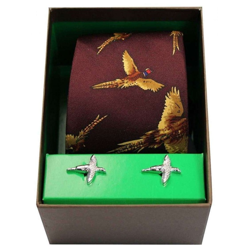 David Van Hagen Flying Pheasants Silk Tie and Cufflink Set – Wine Red