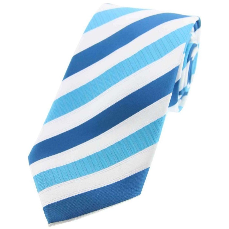 David Van Hagen Striped Polyester Tie – Cyan/White