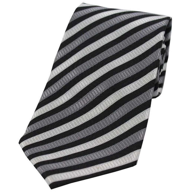 David Van Hagen Striped Polyester Tie – Grey/White