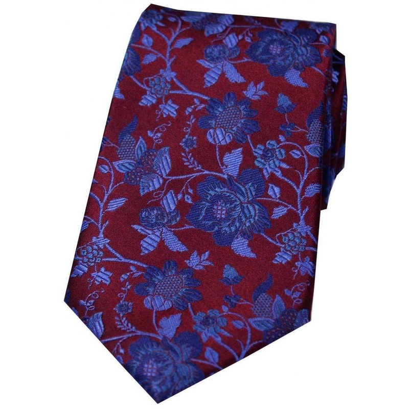 David Van Hagen Floral Patterned Silk Tie – Wine/Blue