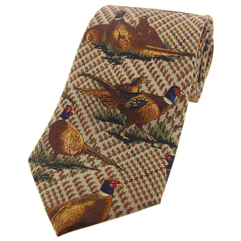 David Van Hagen Standing Pheasants Tweed Country Silk Tie – Brown