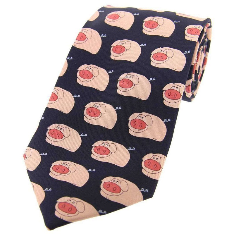 David Van Hagen Funny Pigs Country Silk Tie – Navy/Pink