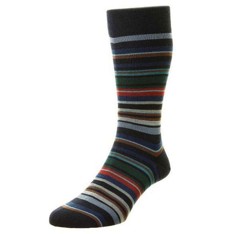 Pantherella Quakers All Over Multi Stripe Merino Wool Socks – Navy