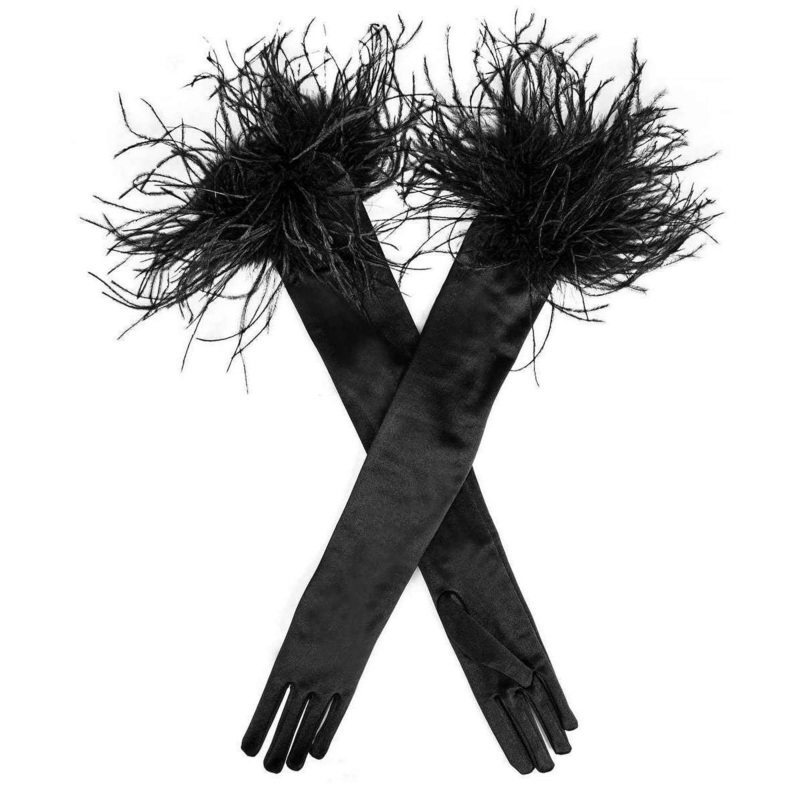 Dents Anastasia Long Opera Feather Cuff Satin Gloves – Black
