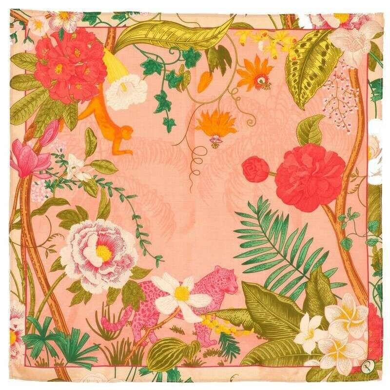 Powder Tasselled Silk Tropical Floral and Fauna Scarf – Petal Pink