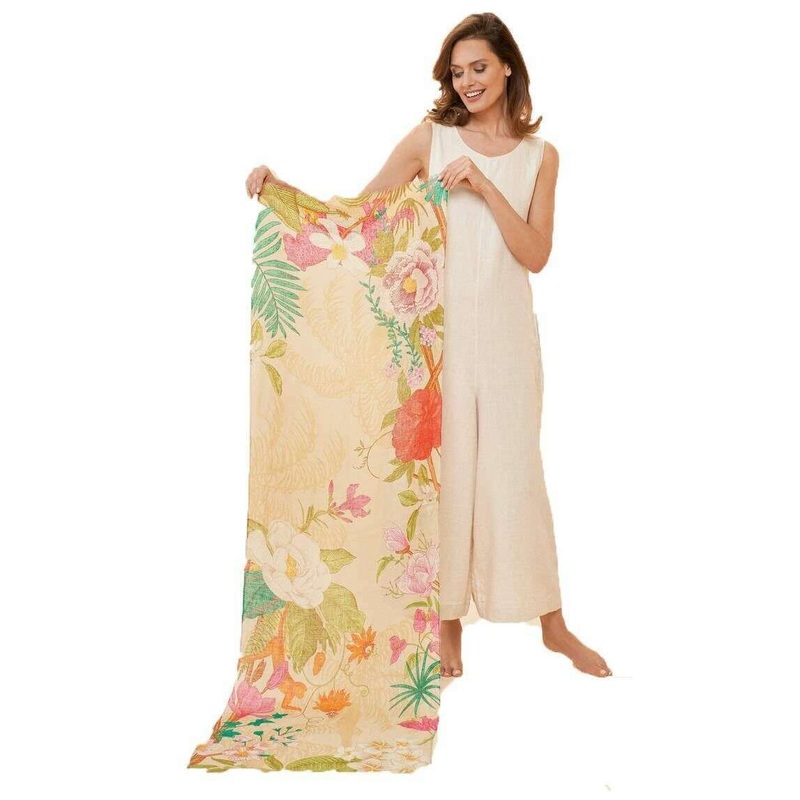 Powder Linen Tropical Flora and Fauna Scarf  – Coconut Cream