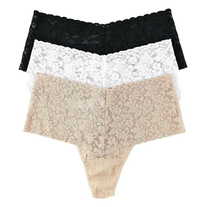 Hanky Panky Retro Lace 3 Pack Thong – Black/White/Chai Beige