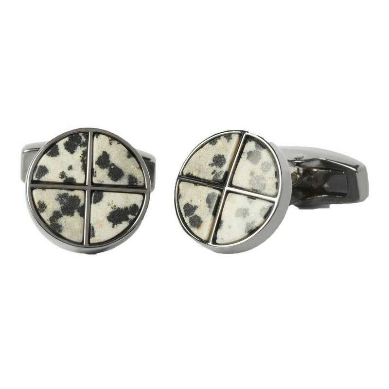 Simon Carter Quadrant Dalmatian Jasper Gunmetal Cufflinks – White/Black/Grey