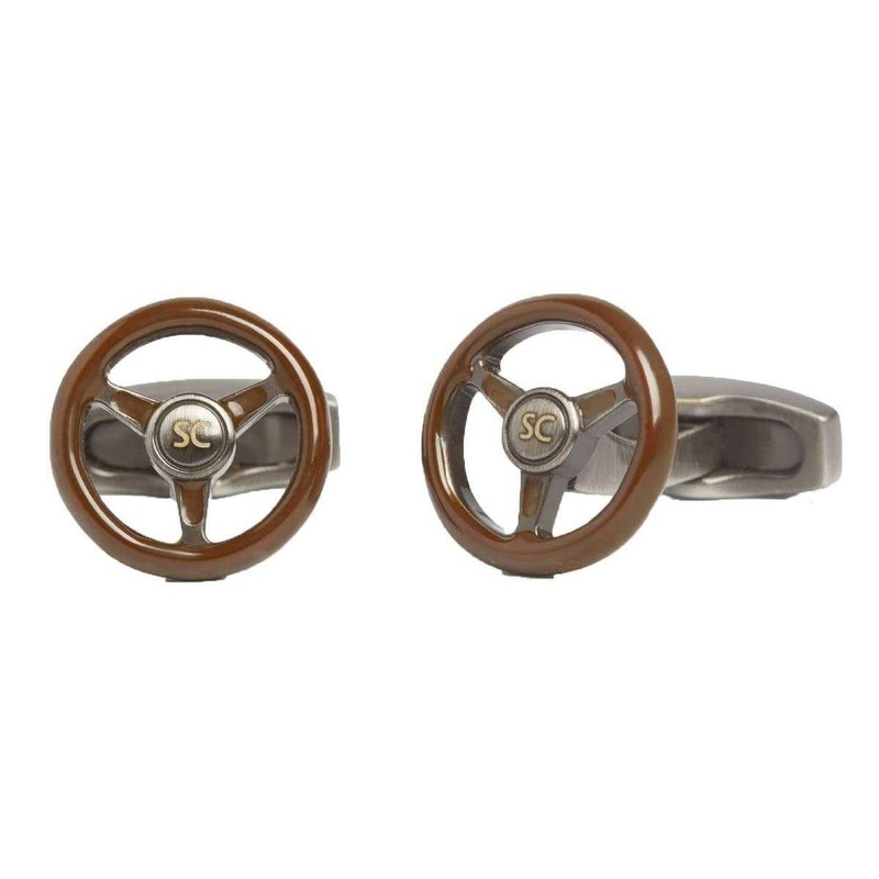Simon Carter Steering Wheel Cufflinks – Gunmetal Grey/Brown