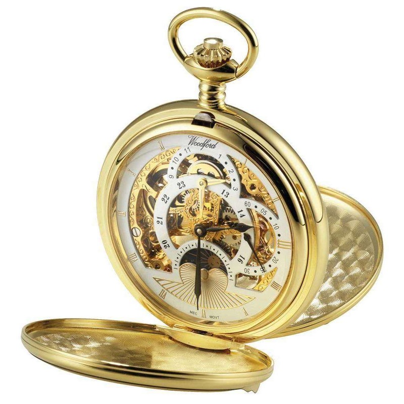 Woodford Gold Plated Twin Time Zone Double Full Hunter Skeleton Mechanical Pocket Watch – Gold