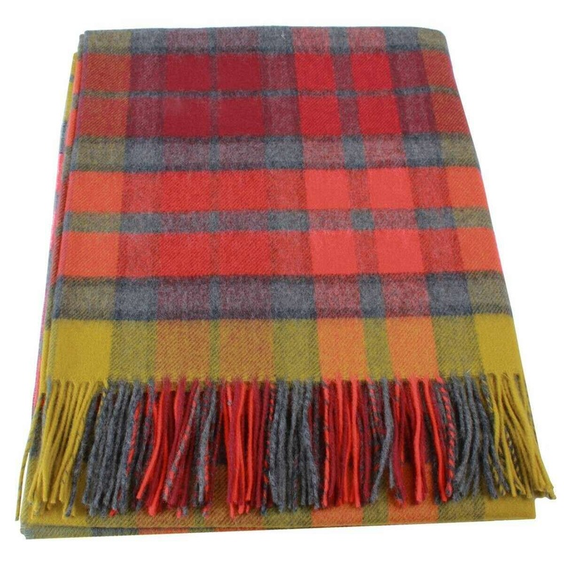 Locharron of Scotland Borders Buchanan Berry Tartan Lambswool Blanket – Orange/Green/Burgundy