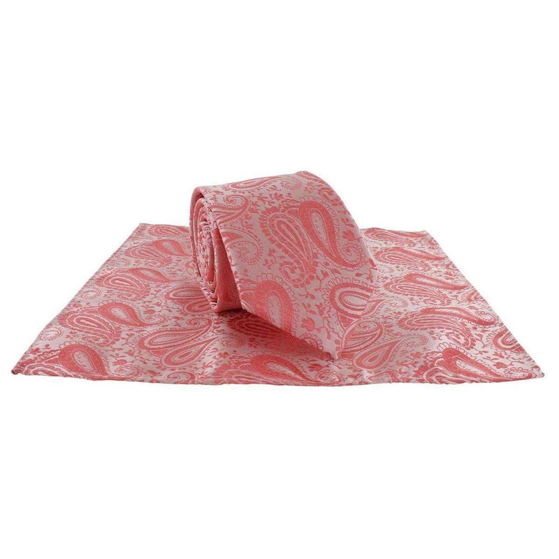Michelsons of London Tonal Polyester Paisley Pocket Square and Tie Set – Coral Pink