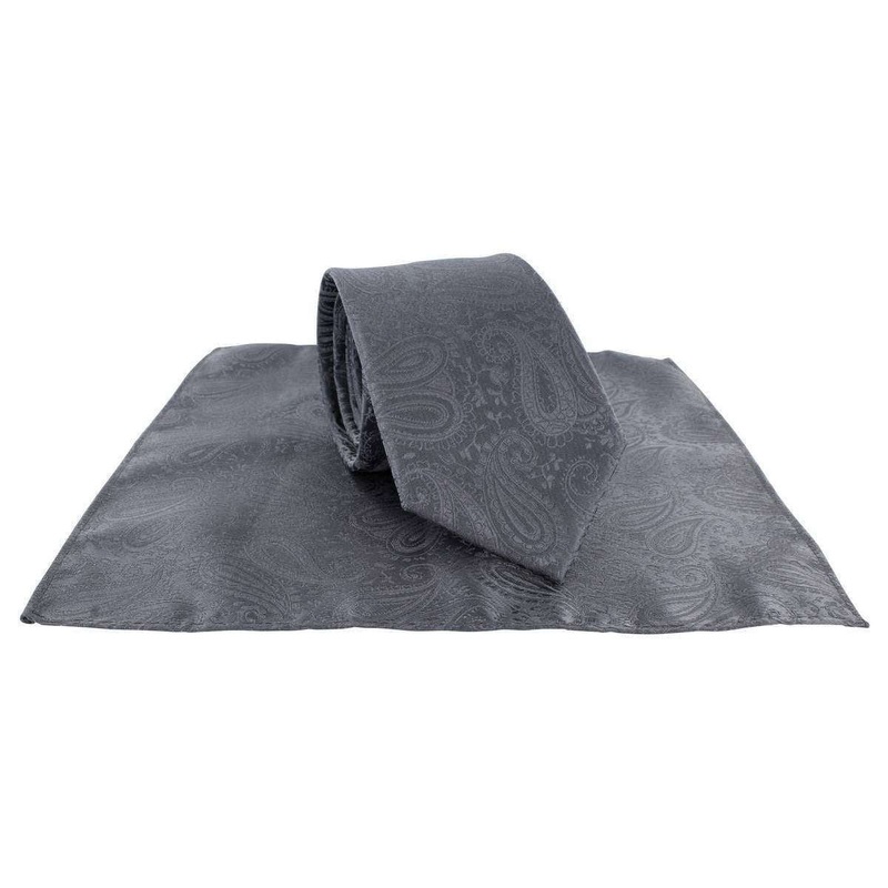 Michelsons of London Tonal Polyester Paisley Pocket Square and Tie Set – Grey