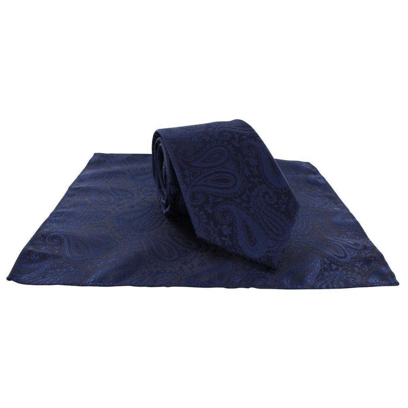 Michelsons of London Tonal Polyester Paisley Pocket Square and Tie Set – Navy