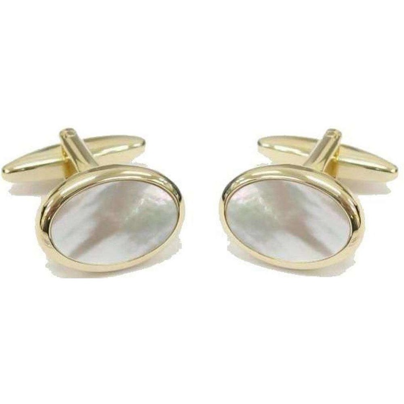 David Van Hagen Gold Plated Mother of Pearl Oval Cufflinks – White/Gold