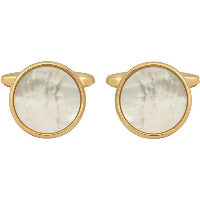 David Van Hagen Gold Plated Mother of Pearl Round Cufflinks – White/Gold