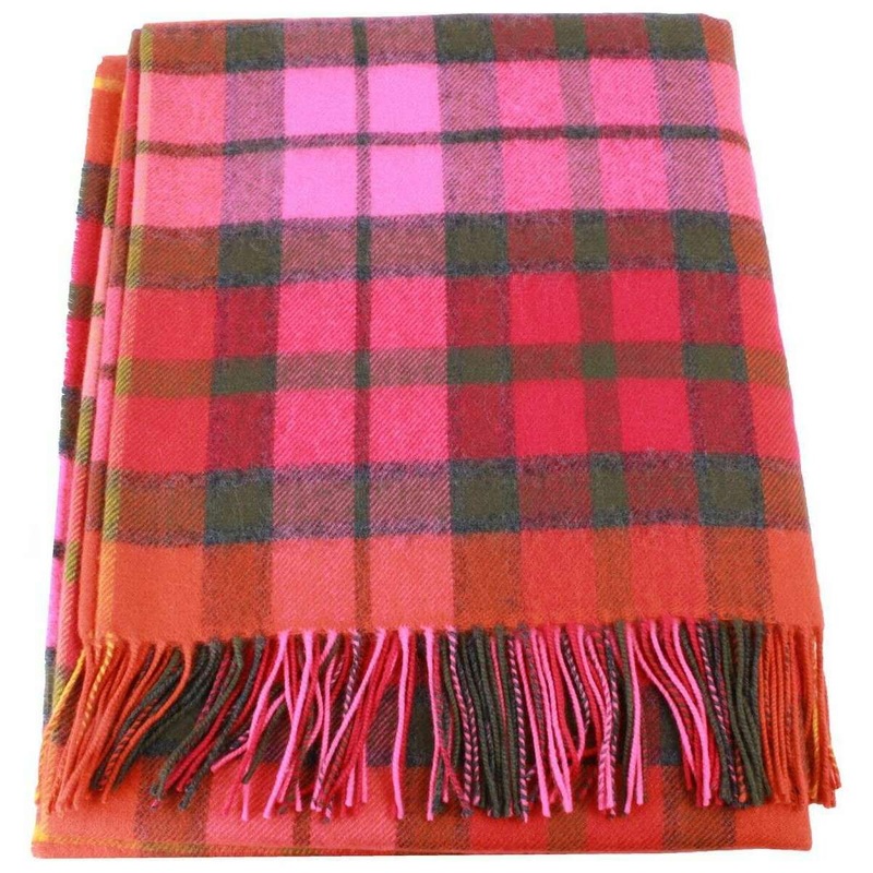 Locharron of Scotland Borders Buchanan Rose Lambswool Blanket – Red/Green/Pink