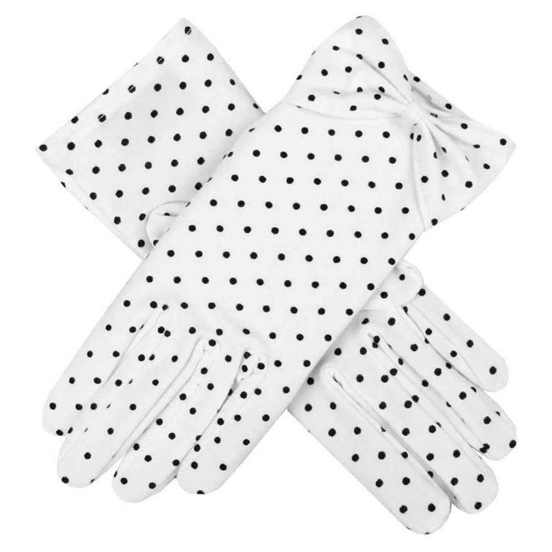 Dents Eugenie Spotted Cuff Bow Cotton Gloves – White/Black