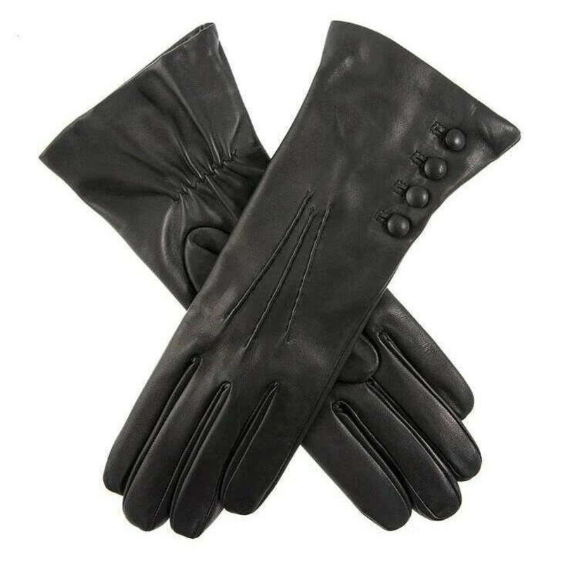 Dents Evangeline Touchscreen Three-Point Cashmere Lined Leather Gloves – Black/Red
