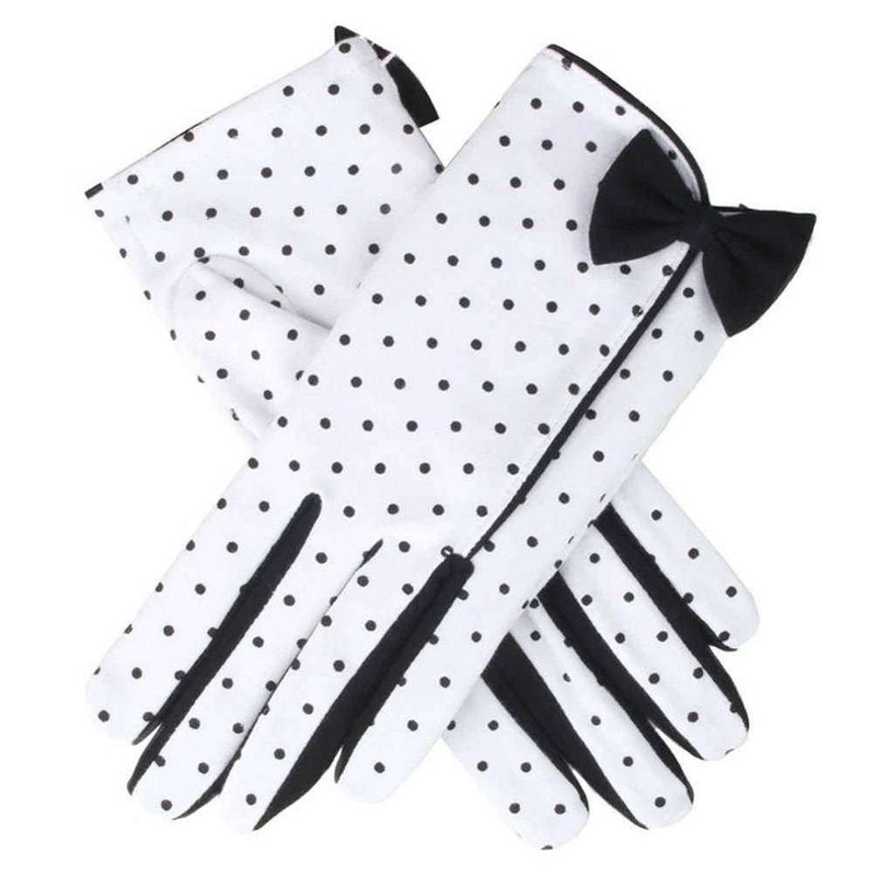 Dents Vivienne Spotted Bow Trim Cotton Gloves – White/Black