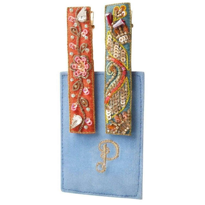 Powder Embroidered Festival Hair Bars – Tangerine Orange/Teal