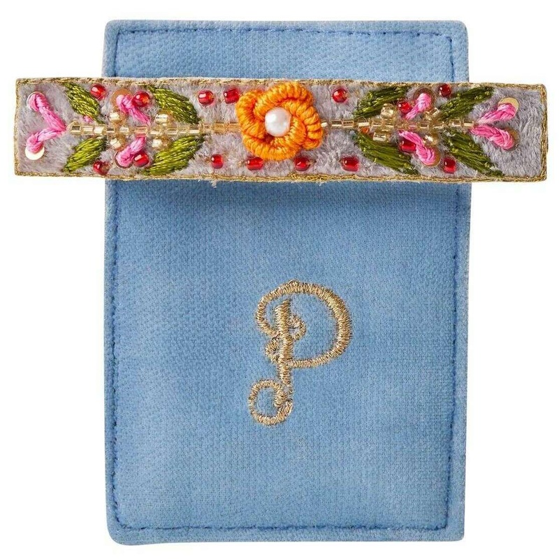Powder Embroidered Floral Vine Barrette – Denim Blue