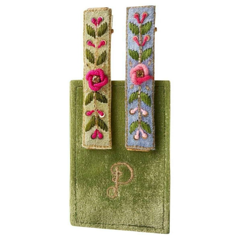 Powder Embroidered Floral Vines Hair Bars – Mint/Cornflower Blue