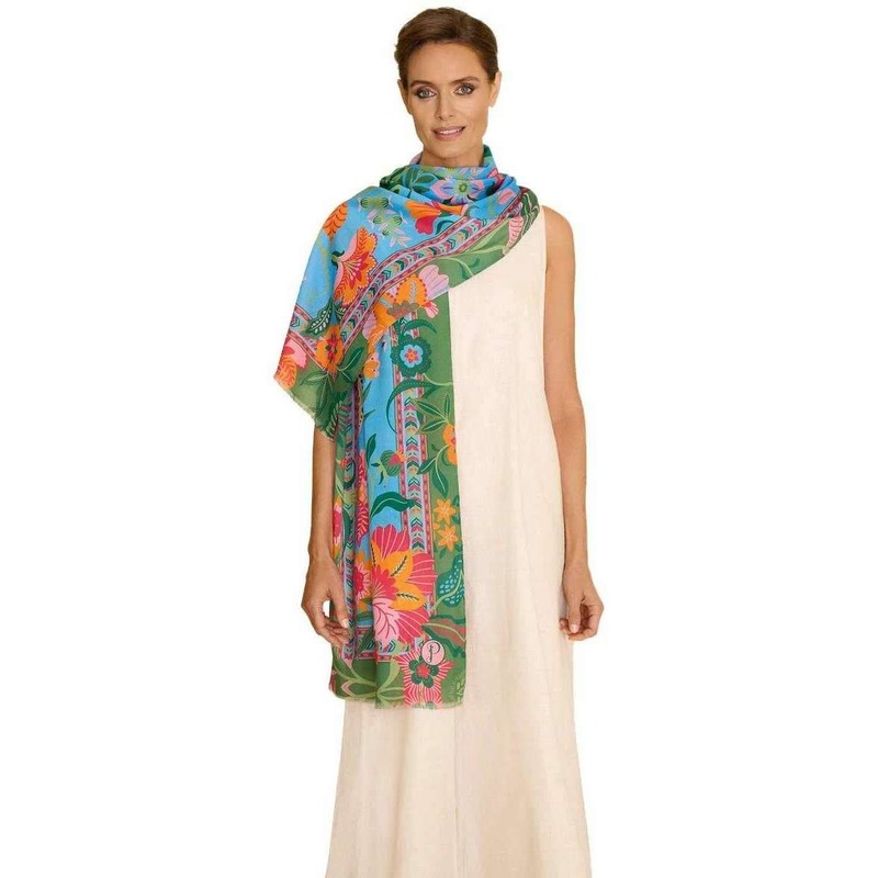 Powder Folky Floral Cotton Scarf – Cornflower Blue/Orange/Green