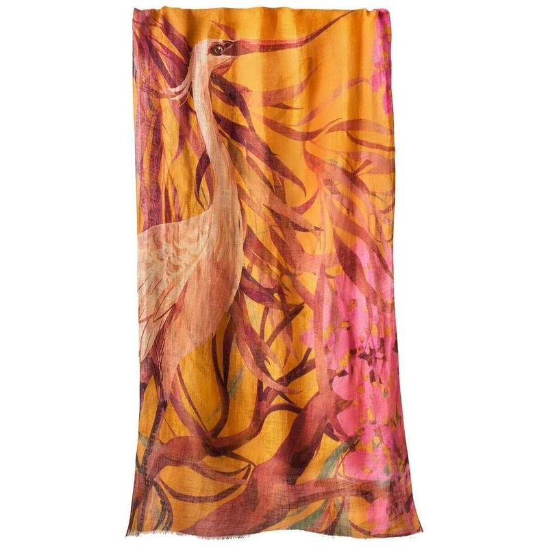 Powder Oriental Crane Cotton Linen Scarf – Orange