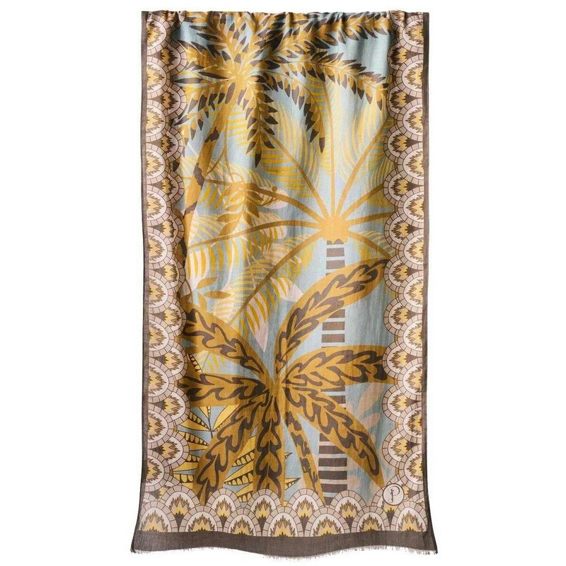 Powder Patterned Palms Cotton Scarf – Beige/Brown/Yellow