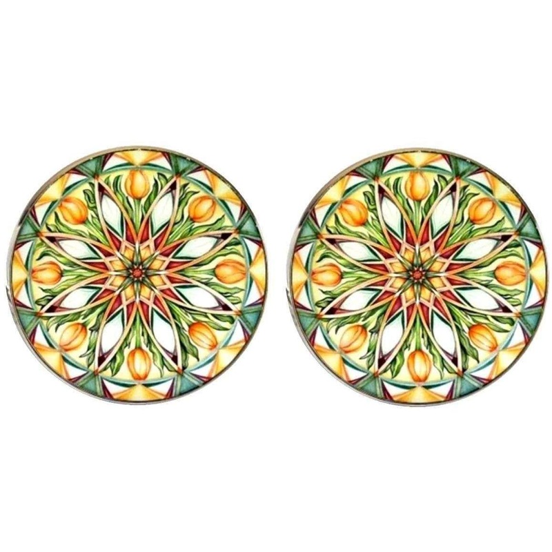 Bassin and Brown Kaleidoscope Flower Spray Cufflinks – Green/White/Orange