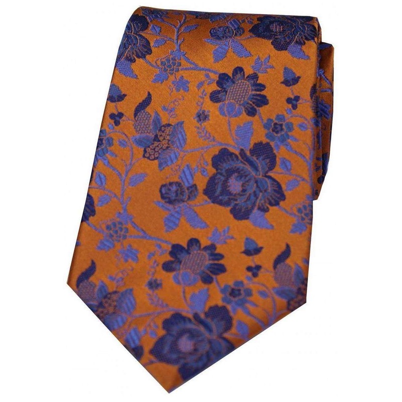 David Van Hagen Floral Patterned Silk Tie – Orange/Blue