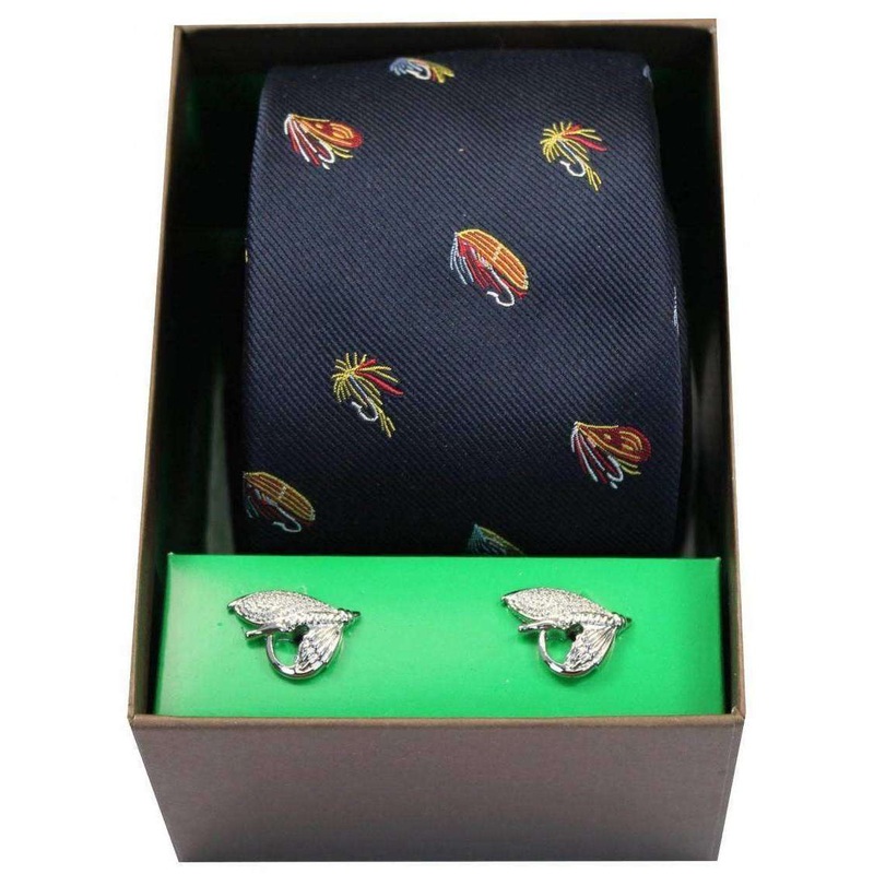 David Van Hagen Fishing Files Tie and Cufflinks Set – Navy