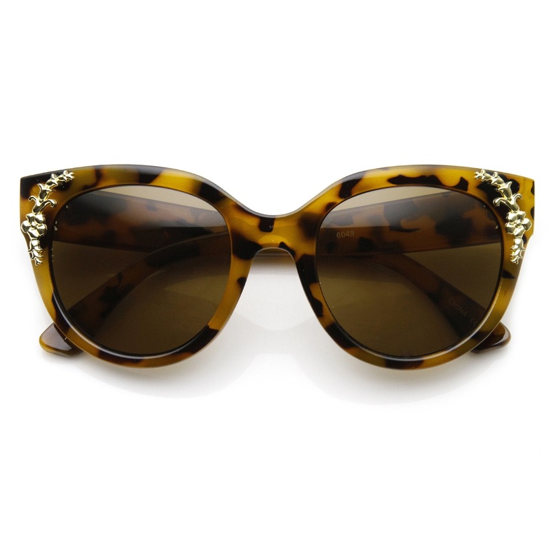 Womens Retro Oversize Flower Adorned Cat Eye Sunglasses 9320