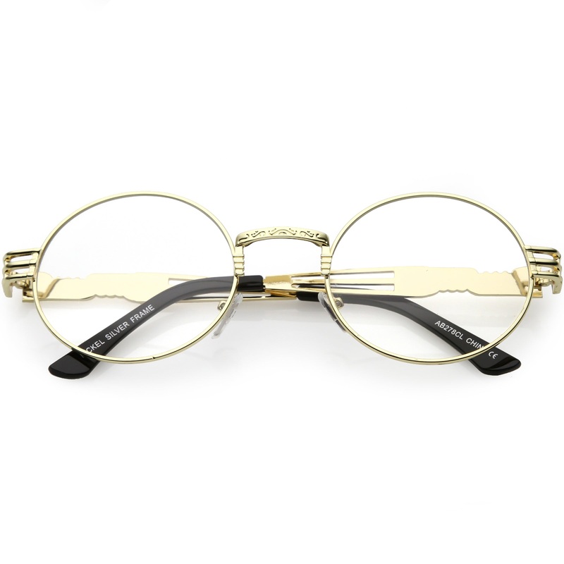 Retro Round Clear Lens Engraved Metal Steampunk Flat Lens Glasses C481