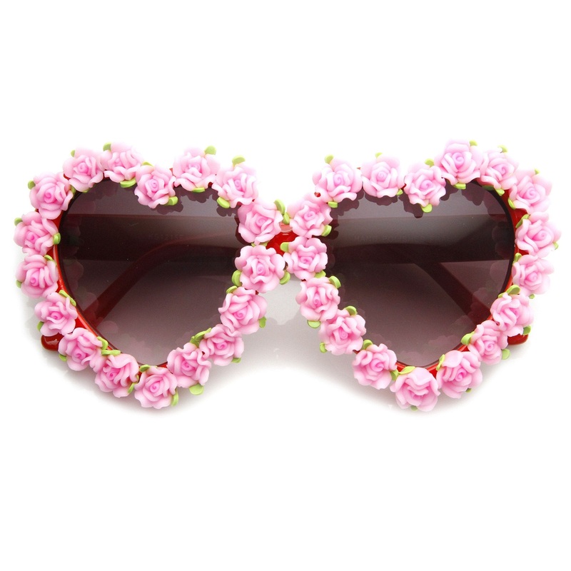 Womens Heart Shaped Flower Adorned Oversize Sunglasses 9197