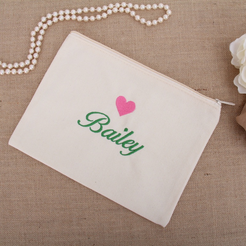 Personalized Canvas Zipper Pouch –  Embroidered Name & Heart