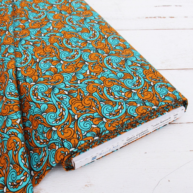 Premium Cotton Quilting Fabric Sold By The Yard – Patterned Orange Teal