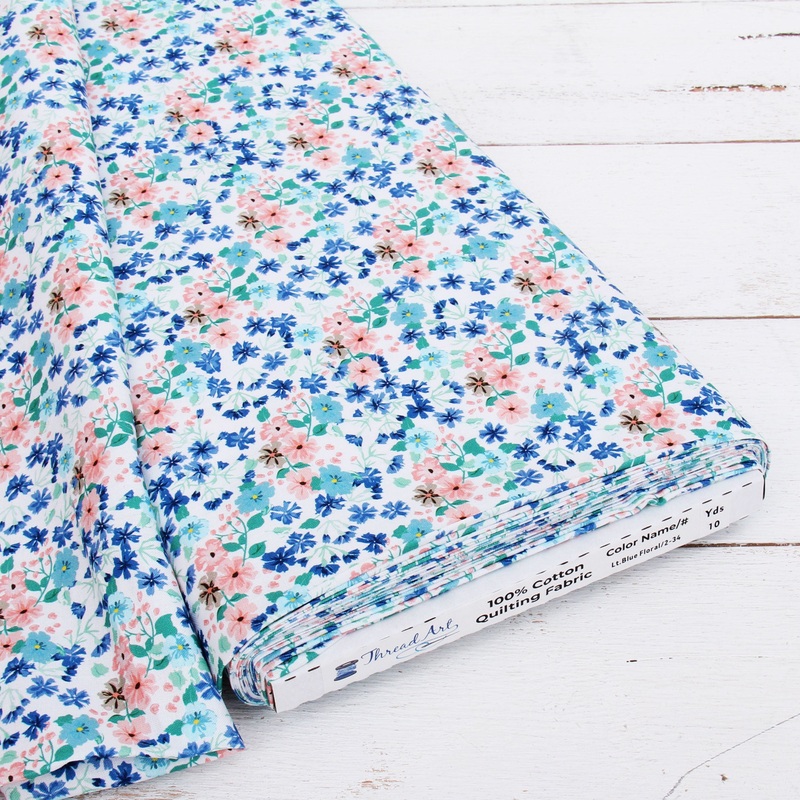 Premium Cotton Quilting Fabric Sold By The Yard – Patterned White Light Blue Floral