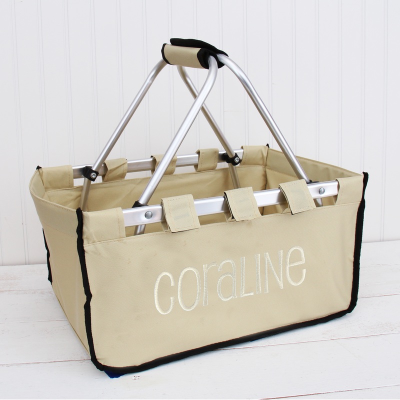 Personalized Beige Market Tote Basket With Black Trim – Custom Embroidery