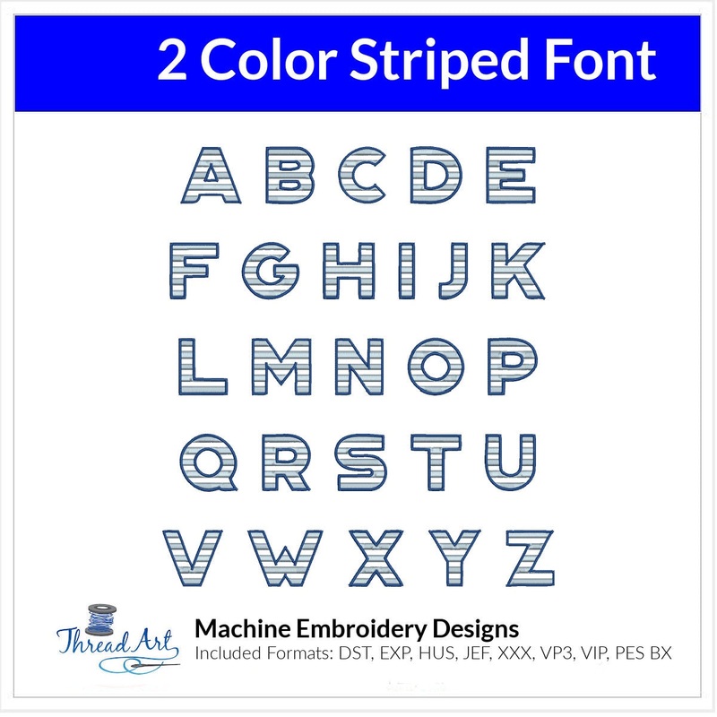 2 Color Striped Font Machine Embroidery Design Set –  Monogramming Alphabet Letters BX Font – Download 9 Formats and 3 Sizes XL