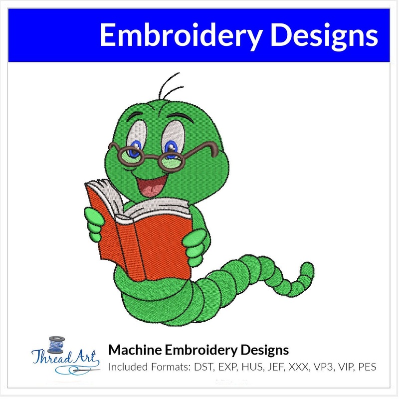 Caterpillar Reading Book Embroidery Design Instant Download Cute Back to School – 3 Sizes – 8 Formats – ThreadArt