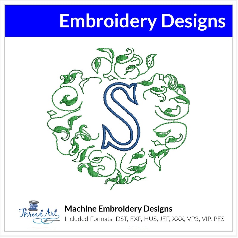 Leafy Circle Monogram Frame Embroidery Design Instant Download – 3 Sizes – 8 Formats – ThreadArt