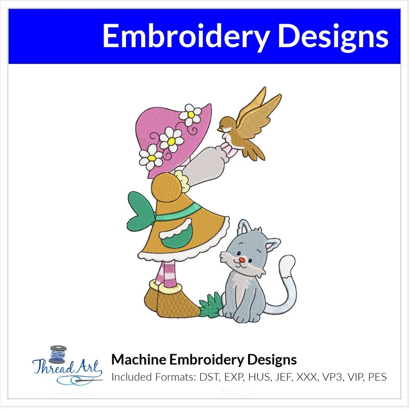 Spring Girl with Kitten Embroidery Design Instant Download Cute – 3 Sizes – 8 Formats – ThreadArt