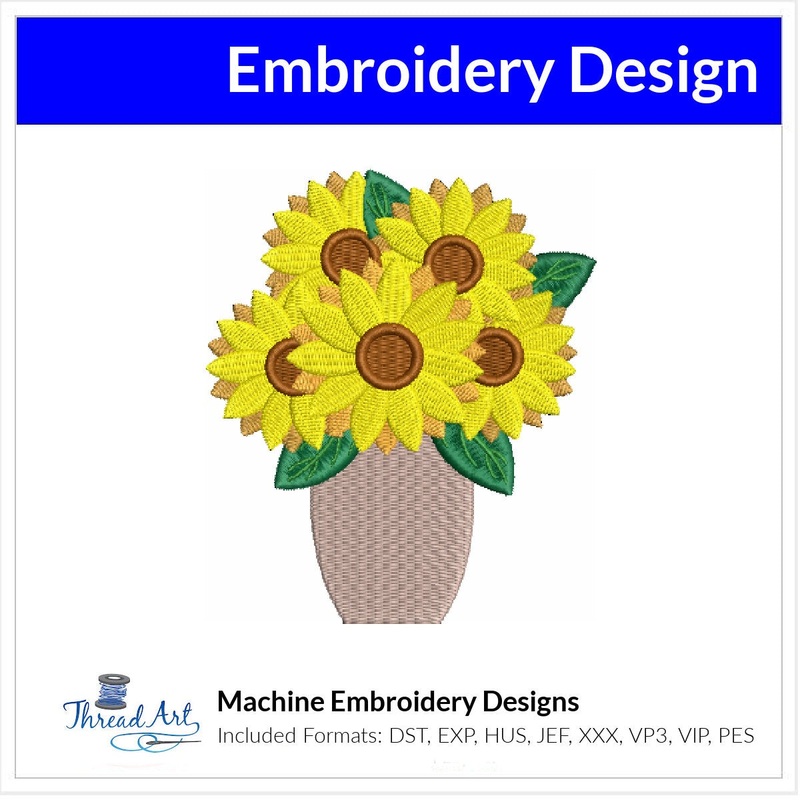 Sunflower Vase Embroidery Design Instant Download Cute Floral Vase – 3 Sizes – 8 Formats – ThreadArt