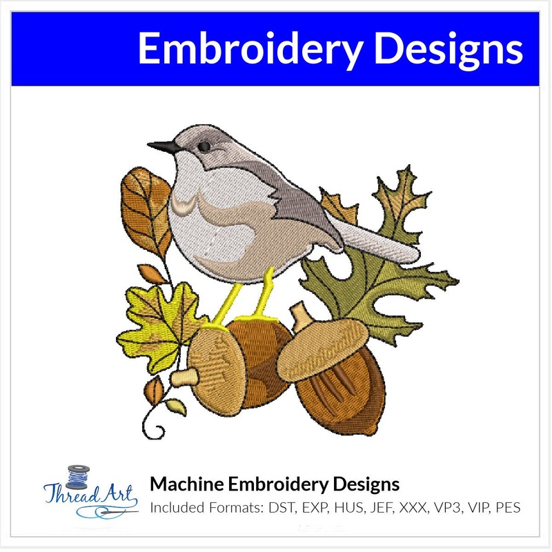 Autumn Life Bird Embroidery Design with Acorns Leaves  Instant Download  – Multiple Sizes – 8 Formats – ThreadArt