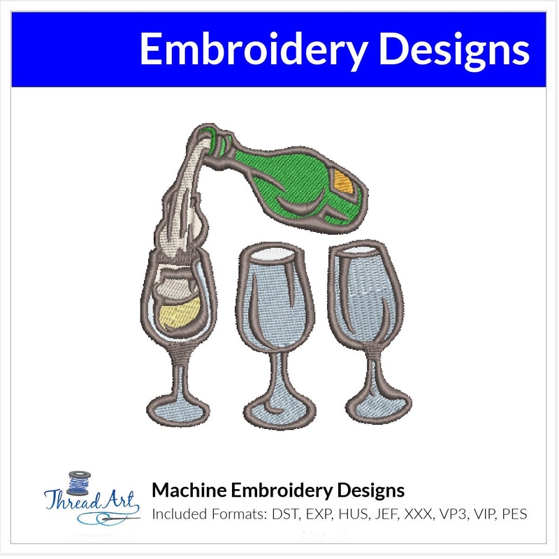 Champagne & Glasses Embroidery Design Instant Download  – 3 Sizes – 8 Formats – ThreadArt